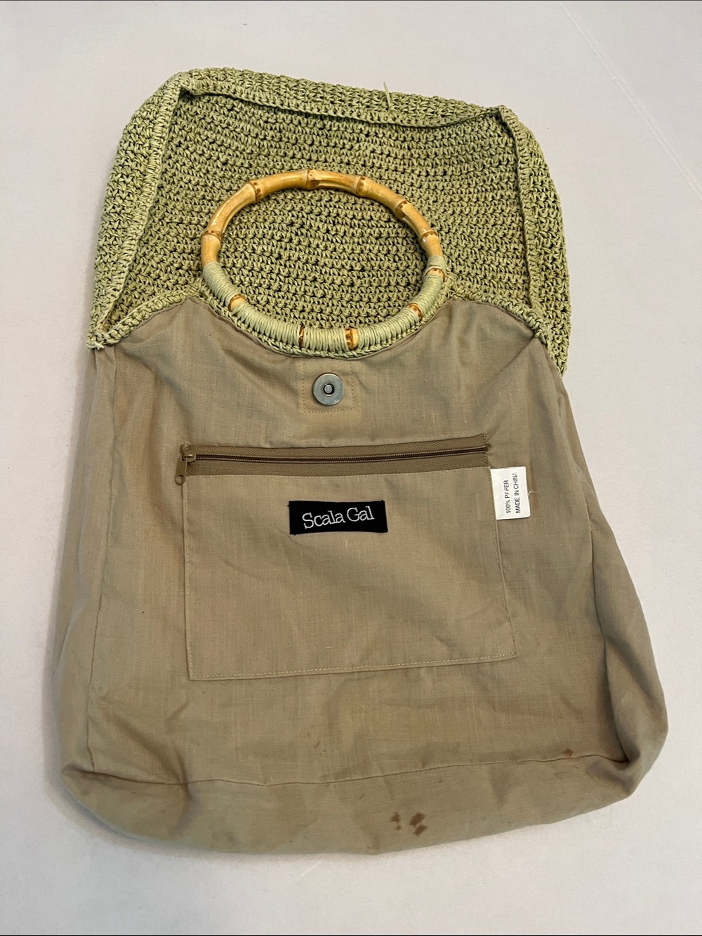 SCALA GAL Y2K GREEN WOVEN TWINE WITH FLOWERS WITH BAMBOO HANDLES BAG PURSE - Picture 11 of 12